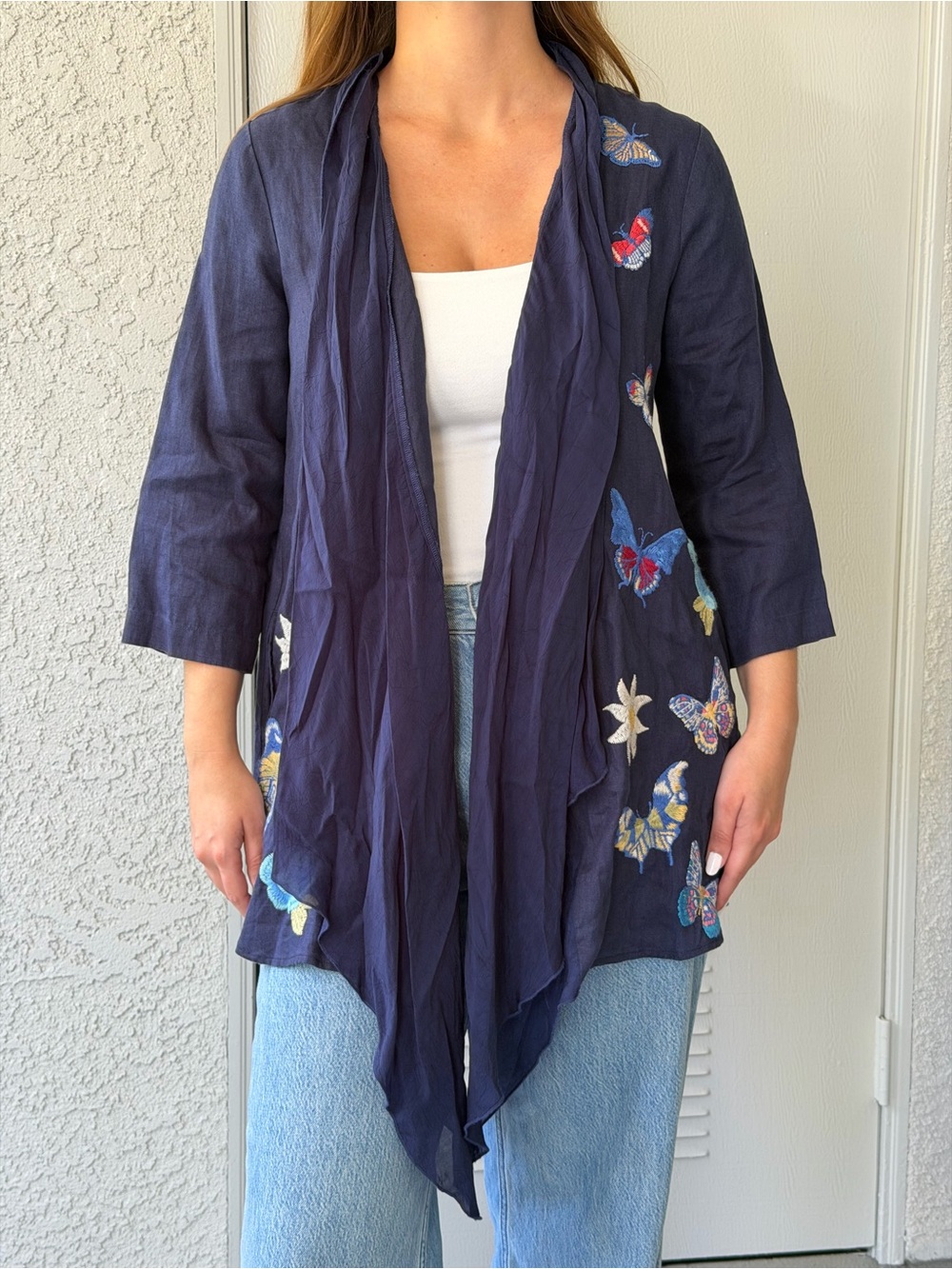 Johnny Was Linen Georgette Draped Front Kimono Vanny Butterfly Size Small NWT